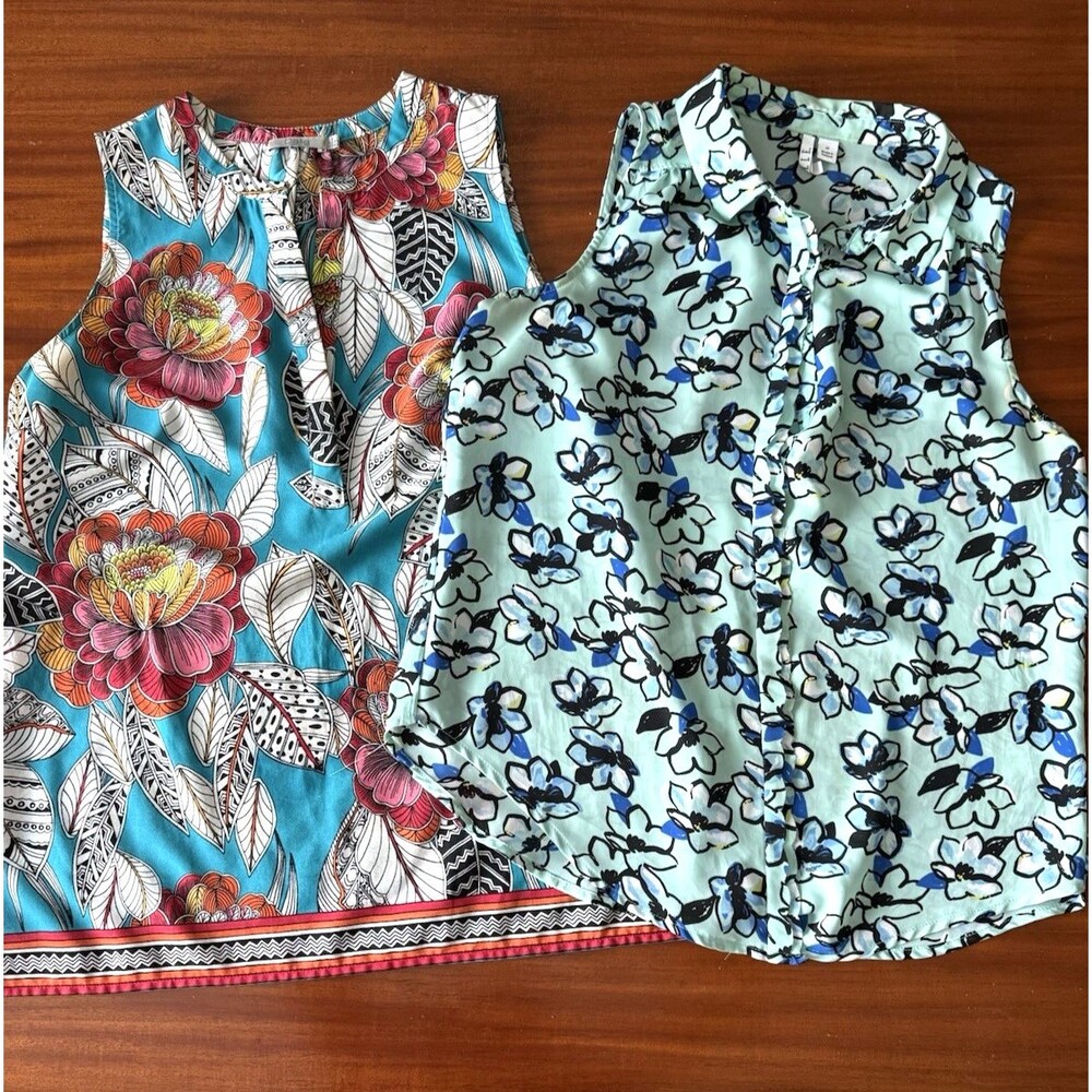 Lot of 2 Women's Sleeveless Dress Tops Medium Dalia & Elle Turquoise Floral‎